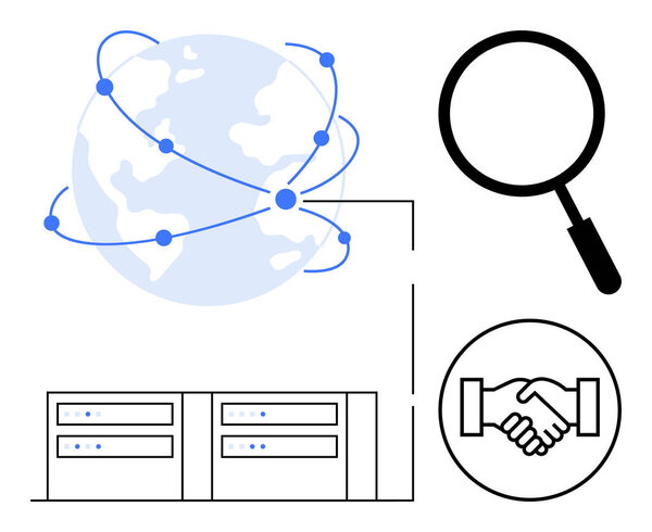 Global networking concept. Global connectivity highlights data exchange across servers. Global collaboration, search tools, and partnership enable efficient information sharing. Ideal for technology