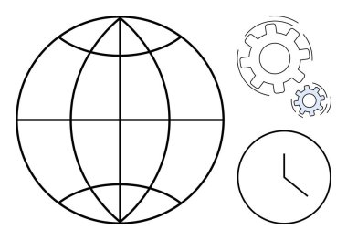 Enlem ve boylam çizgileri, çalışan vitesler ve bir saat küresel takım çalışması, üretkenlik, zaman yönetimi, planlama, yenilik, verimlilik ve işbirliğini temsil eder. Basit düz metafor