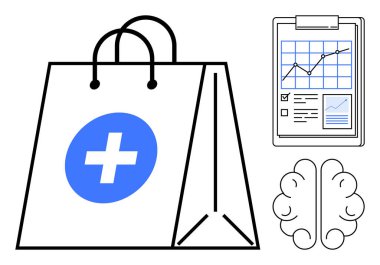 Haçlı tıbbi alışveriş çantası, zekayı ya da sağlığı sembolize eden beyin simgesi, veri tablosu ilerlemeyi gösteren pano. Sağlık, tıp eğitimi, üretkenlik, e-ticaret ve veri için ideal