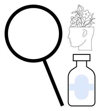 Büyüteç, çiçek açan insan kafası ve ilaç şişesi zihinsel berraklık, iyileşme ve denge temalarını çağrıştırıyor. Büyüme, sağlık, bilim, kendi kendine bakım, farkındalık için idealdir.