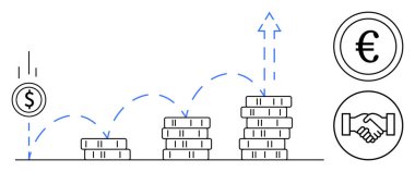 Finansal büyüme kavramı. Birikmiş madeni paralar, para birimi sembolleri ve tokalaşma ikonu ile mali büyüme. Ticarette, yatırımda ve ortaklıklarda finansal büyüme. Bankacılık ve fintech için mükemmel