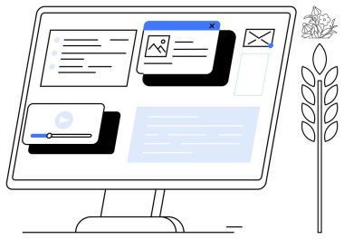 Bir bitki doğanın bağlantısını sembolize ederken bilgisayar ekranında videolar, e-postalar, görevler ve resimler gösterilir. Teknoloji, multimedya, iletişim, eko-tasarım, melez iş üretimi için ideal