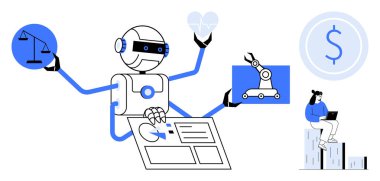 Adaleti, sağlık hizmetlerini, endüstriyel robotları ve finansal sistemleri yöneten çok işlevli bir robot. Yapay zeka, otomasyon, yenilik, robotik etik ve teknoloji için ideal. Basit düz metafor