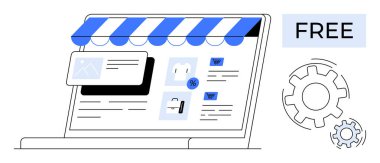 Depo arayüzü, ürün listeleri, indirim etiketleri ve vites simgeleriyle dizüstü bilgisayar. E-ticaret, pazarlama, dijital mağazalar, serbest çalışma, kişiselleştirme araçları için ideal basit düz metafor