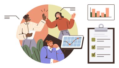 Veri tablolarını tartışan, beşlik çakan, kontrol listesi başarılarını gözden geçiren insanlar. Takım çalışması, üretkenlik, proje yönetimi, performans takibi, hedef belirleme, işbirliği için ideal