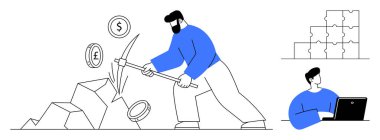 Kripto para birimi konsepti. Dijital para için kazı yapan bir madenci Bitcoin ve euro 'yu onayladı. Kripto para birimi engelleme zinciri, dijital ekonomi ve küresel işlemler. Teknoloji, finans, engelleme zinciri, iş