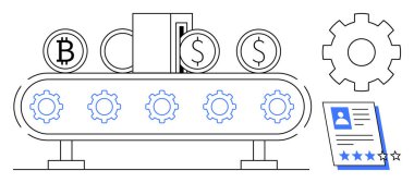 Şifreli paralar ve taşıma bandında dolar işaretleri olan, içinde profil belgesi ve dişli çark bulunan dişliler. Finans, teknoloji, otomasyon, engelleme zinciri, kariyer için ideal