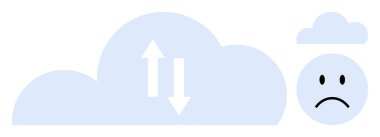 Bulut depolama kavramı. Bulut ve oklar veri transferini gösteriyor. Üzgün bir yüz, depolama sorunları olduğunu gösteriyor. Bulut depolama, veri senkronizasyonu, bağlantı. Dijital destek, tatminsizlik ve bilişim için