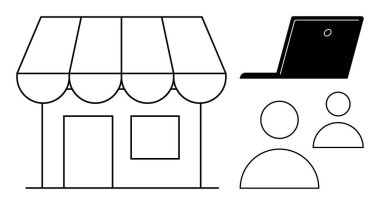 Siyah-beyaz mağaza önü, açık dizüstü bilgisayar ve iki kullanıcı simgesi. Perakende, e-ticaret, çevrimiçi pazarlama, girişimcilik, dijital işbirliği, küçük işletme büyümesi için ideal düz metafor