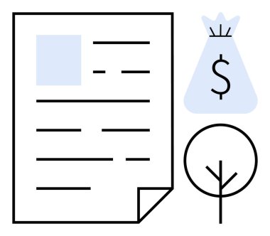 Para çantası ve mali durumu, çevreci farkındalığı ve sürdürülebilirliği sembolize eden bir ağacın yanındaki mali belge. Bankacılık, yatırımlar, eko-finansman, çevre planlaması, yeşil ekonomi için ideal