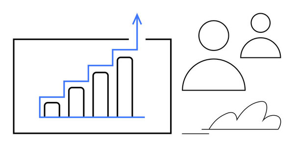 Bar chart with upward arrow suggesting growth, two user figures, abstract cloud for progress and teamwork. Ideal for data analysis, business growth, teamwork, leadership, strategy, success