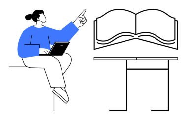 Masadaki açık bir kitaba işaret ederken dizüstü bilgisayarda çalışan bir kadın. Öğrenme, eğitim, öğrenim, büyüme, yaratıcılık, çevrimiçi kaynaklar, motivasyon temaları için idealdir. Basit bir düz metafor.