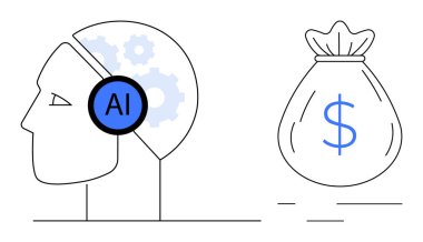 Yapay zeka etiketli insan profili, beyindeki dişliler para çantasının yanında yapay zekayı sembolize ediyor. Teknoloji, finans, yenilik, zenginlik, iş stratejisi, yatırım için ideal
