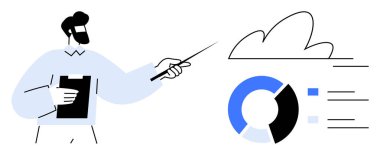 Adam analitiği pasta grafiği, bulut elementi ve işaretçiyle sunuyor. Veri analizi, teknoloji, eğitim, takım çalışması, iş stratejisi, bulut hesaplama basit düz metaforu için ideal