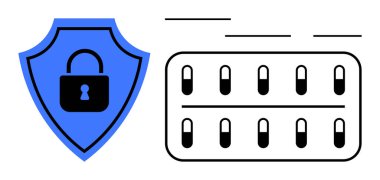 Devre kartının yanında kapalı asma kilit olan mavi bir kalkan. Siber güvenlik, veri koruması, gizlilik, şifreleme, güvenlik duvarı, çevrimiçi güvenlik, ağ güvenliği için ideal. Basit bir düz metafor.