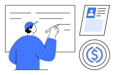 İş konsepti. Adamın biri yanında bir profil belgesi ve dolar sembolü ile birlikte tahtaya yazı yazıyor. İş yaratıcılığı, finansal planlama, takım beyin fırtınası, başlangıç stratejisi, eğitim