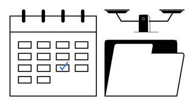 Ölçekler üzerinde dengelenmiş açık bir dosya dizininin yanında işaretli olan takvim sayfası. Zaman yönetimi, planlama, belgelendirme, organizasyon, teslim tarihleri, iş dengesi ve üretkenlik kavramları için ideal