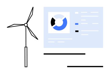 Analitik gösterge panelinin yanındaki rüzgar türbini veri pasta grafiği, çubuk elemanları ve metin satırlarını gösteriyor. Yenilenebilir enerji, teknoloji, sürdürülebilirlik, veri analizi, verimlilik ve raporlama için ideal