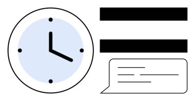 Konuşma baloncuğu ve yatay dikdörtgenlerin yanında basit bir tasarımı olan duvar saati. Zaman yönetimi, organizasyon, planlama, verimlilik, iletişim, programlama, odaklanma için idealdir. Basit düz