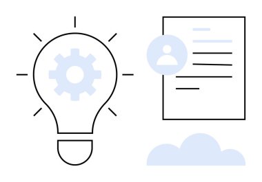 Vites simgesine sahip ampul, kullanıcı profiline sahip belge ve fikirleri, takım çalışmasını, yaratıcılığı, yeniliği, dijital süreçleri, üretkenliği ve basit bir dairede işbirliğini temsil eden bulut ögesi