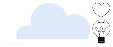 Minimum kalp ve ampul hatlarıyla mavi bulut fikirleri, aşkı ve bulut temelli yeniliği simgeliyor. Teknoloji, düşünce, aşk, sürdürülebilirlik, ilham takım çalışması veya enerji için ideal