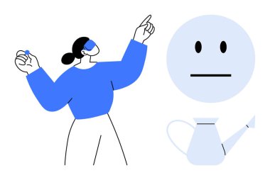 İfadesiz bir yüz ve sulama kutusuyla enerjik bir şekilde el kol hareketi yapan bir kadın. Kişisel gelişim, duygusal kontrol, zihinsel sağlık, minimalizm, farkındalık, kişisel gelişim, davranış değişikliği için ideal