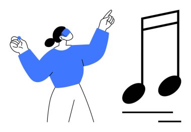 Mavi bluz giyen bir kadın yanında cesur bir notayla sevinçle el kol hareketi yapıyor. Müzik, yaratıcılık, ifade, tutku, performans, yaşam tarzı, modern sanat için idealdir. Basit bir düz metafor.