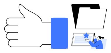 Bir jesti, dosya dizini simgesini, yıldız gösterilen bir belgeyi gösteren bir tabletle etkileşimi parmakla gösterir. Onay süreçleri, organizasyon, üretkenlik, takım çalışması, dijital iletişim, görev için ideal