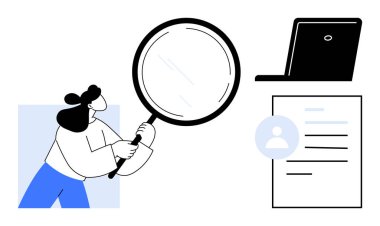 Büyüteçli kadın, aday profilini dizüstü bilgisayarın yanında inceliyor. İşe alım, iş arama, işe alım, araştırma, kişisel gelişim, analitik ve kariyer araştırması için ideal. Basit.