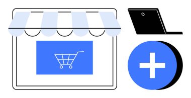 E-ticaret konsepti. Bir mağaza önü, dizüstü bilgisayar ile çevrimiçi alışveriş, ve sepet sembolüne ekle. E-ticaret işlemi basitleştirir, dijital perakende büyümesini hızlandırır ve tüketici alışkanlıklarını değiştirir. Mükemmel.