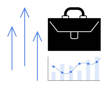 Siyah evrak çantası, yukarı doğru mavi oklar, büyüme çizgisi olan çizelge. Finans, ilerleme, kariyer, strateji, piyasa eğilimleri için ideal, başarı minimal düz metafor