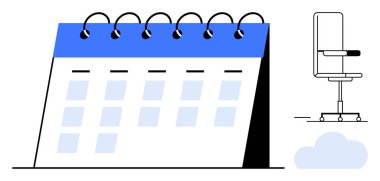 Spiral kaplı masa takvimine ofis sandalyesi ve soyut bulut eklenmiş. Planlama, organizasyon, üretkenlik, zaman yönetimi, iş hayatı dengesi, ofis düzeni, basit