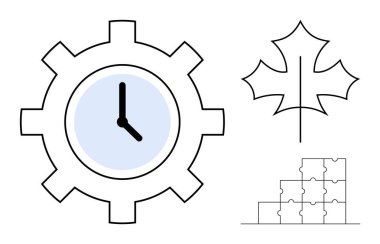 Zaman yönetimi konsepti. Saati olan bir vites, zaman yönetimi ve verimliliği ön plana çıkarır. İlgili semboller arasında doğayı ve problem çözen bağlantıları gösteren bir akçaağaç yaprağı ve bulmaca parçaları yer alıyor.