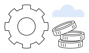 Bulutun altındaki bozuk paraların yanında vites simgesi var. Finans, üretkenlik, teknoloji, ekonomi, bulut hesaplama, iş süreci, başarı için ideal. Basit düz metafor