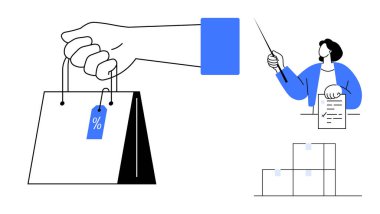 El ele tutuşan indirimli alışveriş çantası, listeli envanteri yöneten işçi, istiflenmiş kutular. E-ticaret, perakende, lojistik, tedarik zinciri, pazarlama müşteri deneyimi için idealdir. Basit düz