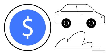 Siyah ana hatlı araba, mavi dolar madeni para ve soyut temalar otomobil finansmanı, bütçe, sigorta, filo yönetimi, kiralama, maliyet tasarrufu ve araç sahipliği konularını destekliyor. Temiz düz metafor