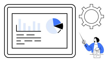 Bar çizelgesi, pasta grafiği ve metni olan dijital ekran. Veri içgörüsü sunan ve ekrana işaret eden kişi. Vites sembolü süreci, takım çalışmasını, iş stratejisini ve problem çözmeyi vurgular. İdeal