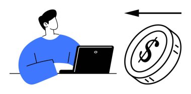 Çevrimiçi gelir kavramı. Dizüstü bilgisayarı ve bir dolarlık parası olan biri uzaktan para kazanıyor. Çevrimiçi gelir, çalışma esnekliği ve mali bağımsızlığı vurguluyor. İş için, fintech için, serbest çalışmak için