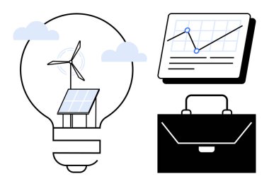 Güneş paneli, rüzgar türbini, büyüme grafiği ve yenilik, sürdürülebilirlik ve iş başarısını simgeleyen evrak çantalı ampul. Çevre dostu enerji, teknoloji, finans ve ticaret için ideal