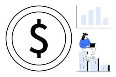 Çemberin içindeki büyük dolar işareti, verileri gösteren bar çizelgesi, dizüstü bilgisayardaki grafikleri analiz eden bir kadın. Finans, iş, büyüme, analiz, yatırım, yönetim bütçesi için ideal