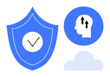 Siber güvenlik kavramı. Siber güvenlik kalkan, bilgi ve oklar için insan kafası ve bulut hesaplaması için bulut. Veri koruması, bulut depolama ve dijital güvenlik için siber güvenlik