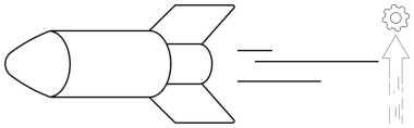 Roket ileri doğru hareket çizgileri ve dişli ve yukarı doğru ok ile fırlatılıyor. Yenilik, büyüme, ilerleme, teknoloji, strateji, mühendislik ve başarı için ideal. Temiz, düz metafor