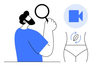 Sakallı adam, bel bölgesini büyüteçle, karnındaki döner oklarla ve video ikonuyla kontrol ediyor. Sağlık, zindelik, sindirim, tıbbi çözümler, araştırma, analiz teşhisleri için idealdir.