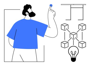 Birbirine bağlı bloklara, soyut tabloya ve ampullere doğru hareket eden adam yeniliği, ademi merkeziyeti, yaratıcılığı, takım çalışmasını, problem çözmeyi, teknolojiyi ve ilerlemeyi sembolize ediyor. Basit için ideal