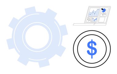 Vites simgesi, dolar işareti ve analitik gösterge paneli verimliliği, değer yaratmayı ve bilgilendirilmiş karar verme mekanizmasını vurguluyor. Finans, analitik, veri, iş verimliliği karlılığı için ideal