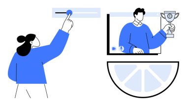 Arayüz kaydırıcı kullanan kadın ve online toplantıda kupa tutan adam. Takım çalışması, sanal olaylar, dijital müdahale, gamifikasyon, çevrimiçi ödüller, üretkenlik araçları, kullanıcı etkileşimi için ideal