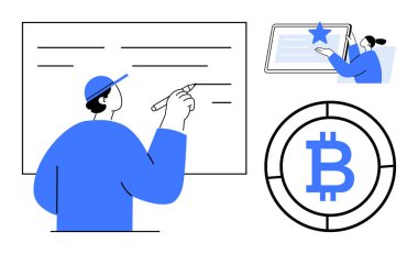 Gemide yazan kişi, kriptoyu gösteren Bitcoin amblemi ve bir yıldızla tableti tıklatan kadın. Eğitim, engelleme zinciri, finans, planlama, teknoloji, yenilik için ideal basit bir daire