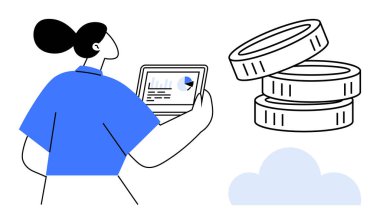 Kadın, para ve bulut yığınlarının yanındaki tabletteki finansal grafiği ve pasta grafiğini inceliyor. Finans, teknoloji, veri analizi, yatırım, yenilik, dijital ekonomi için ideal, basit düz metafor