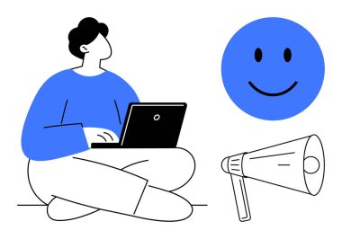 İletişim konsepti. Bir dizüstü bilgisayar kullanıcısı, mutlu bir yüz ve megafonla yapılan iletişim. Olumlu etkileşimleri ve üretkenliği teşvik eden iletişim. Takım çalışması, pazarlama, sosyal