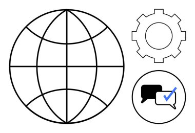 Enlem boylam çizgileri olan dünya, vites sembolü, işaretli sohbet baloncukları. Takım çalışması, problem çözme, ağ, iletişim, küreselleşme işbirliği teknolojisi için ideal. Basit düz